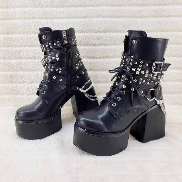 Power Stomper Black Chain Stud Strap Goth Punk Platform Block Heel Ankle Boots - Picture 4 of 13